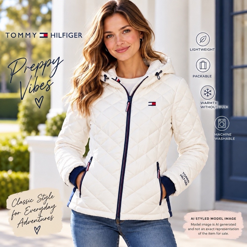 Tommy Hilfiger Puffer Jacket Women's S White Quilted Hooded Packable Sorona